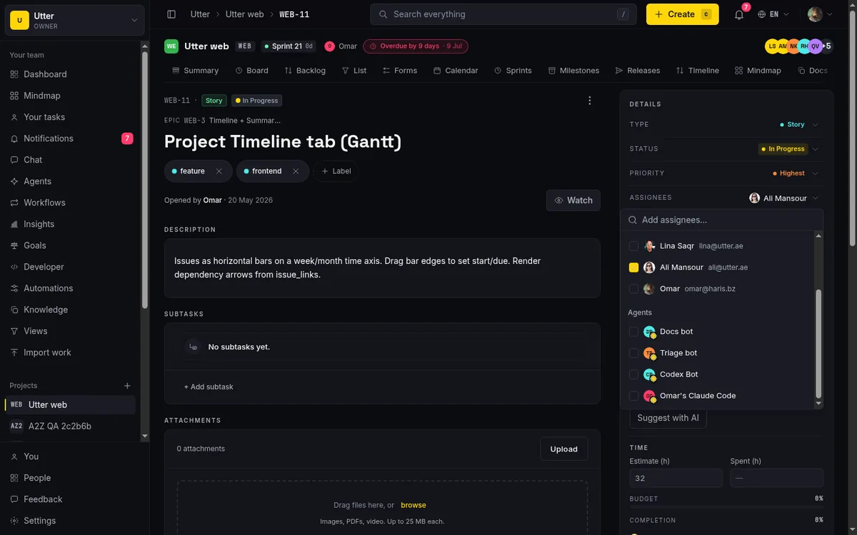 The issue assignee picker open with a People group and an Agents group, so you hand work to an agent exactly like a teammate