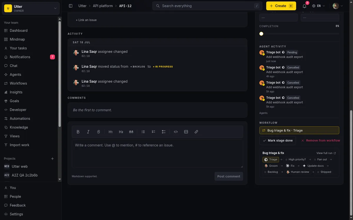 An issue routed through the Bug triage and fix workflow, its run stage strip running from Triage through the branch and fan-out to Shipped, with the current stage highlighted