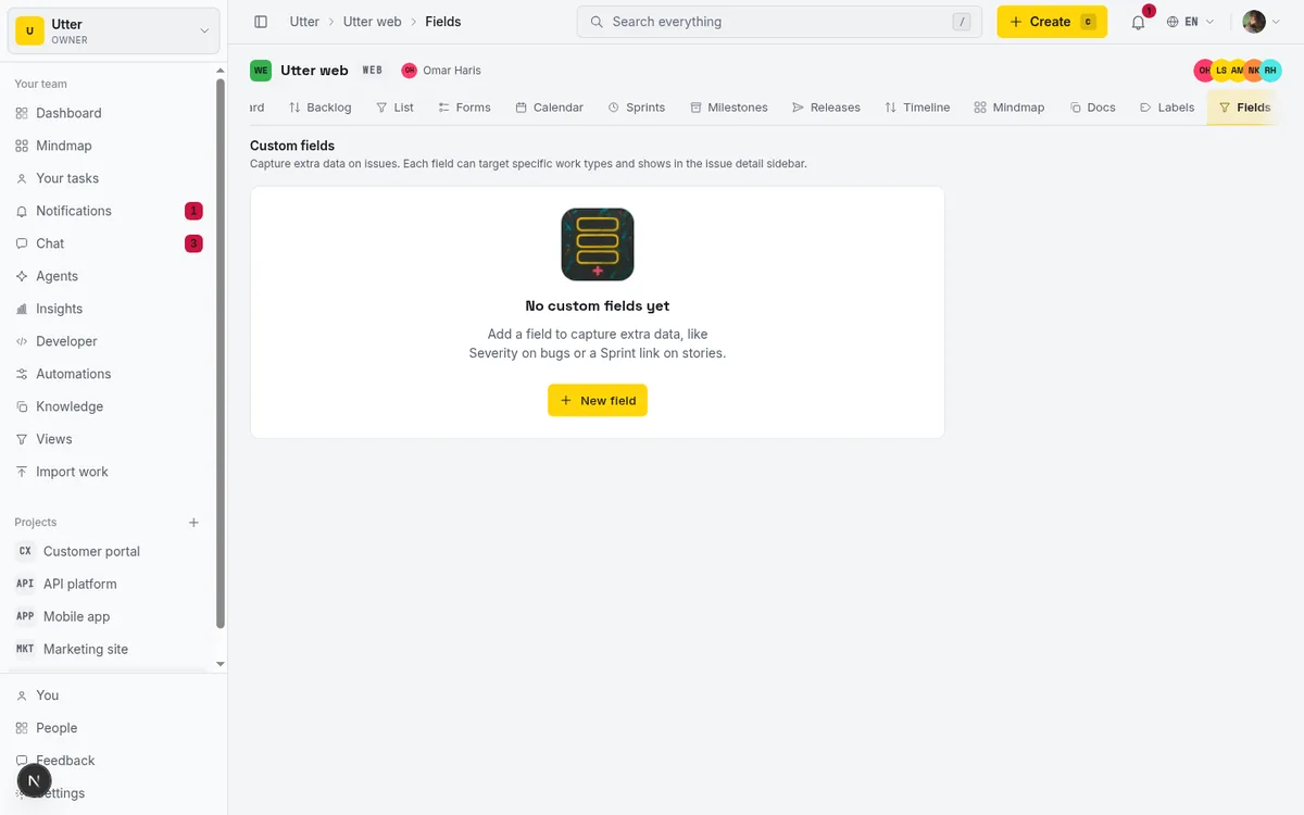 The Custom fields page for the WEB project, showing the heading and subtitle, the New field button, and the fields table with Name, Type, Applies to, and Required columns plus drag-handle reorder controls. This is where all custom fields are created and managed.