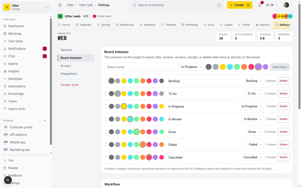 The board statuses tab where each named column maps to a fixed category
