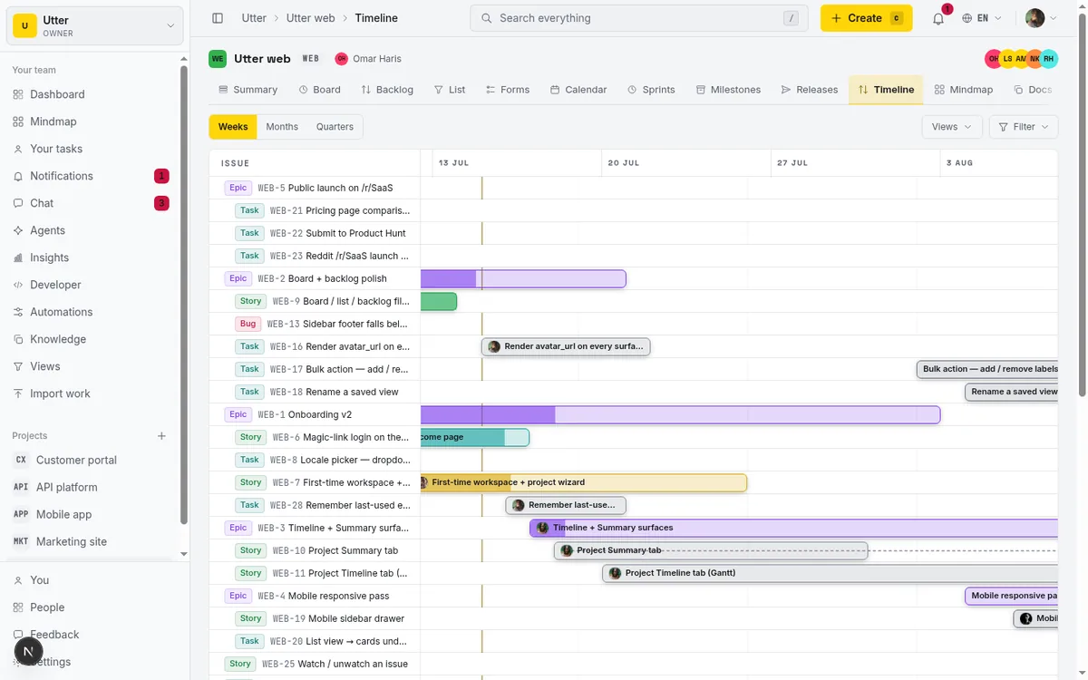 Utter Gantt chart showing task bars with dependency arrows between them