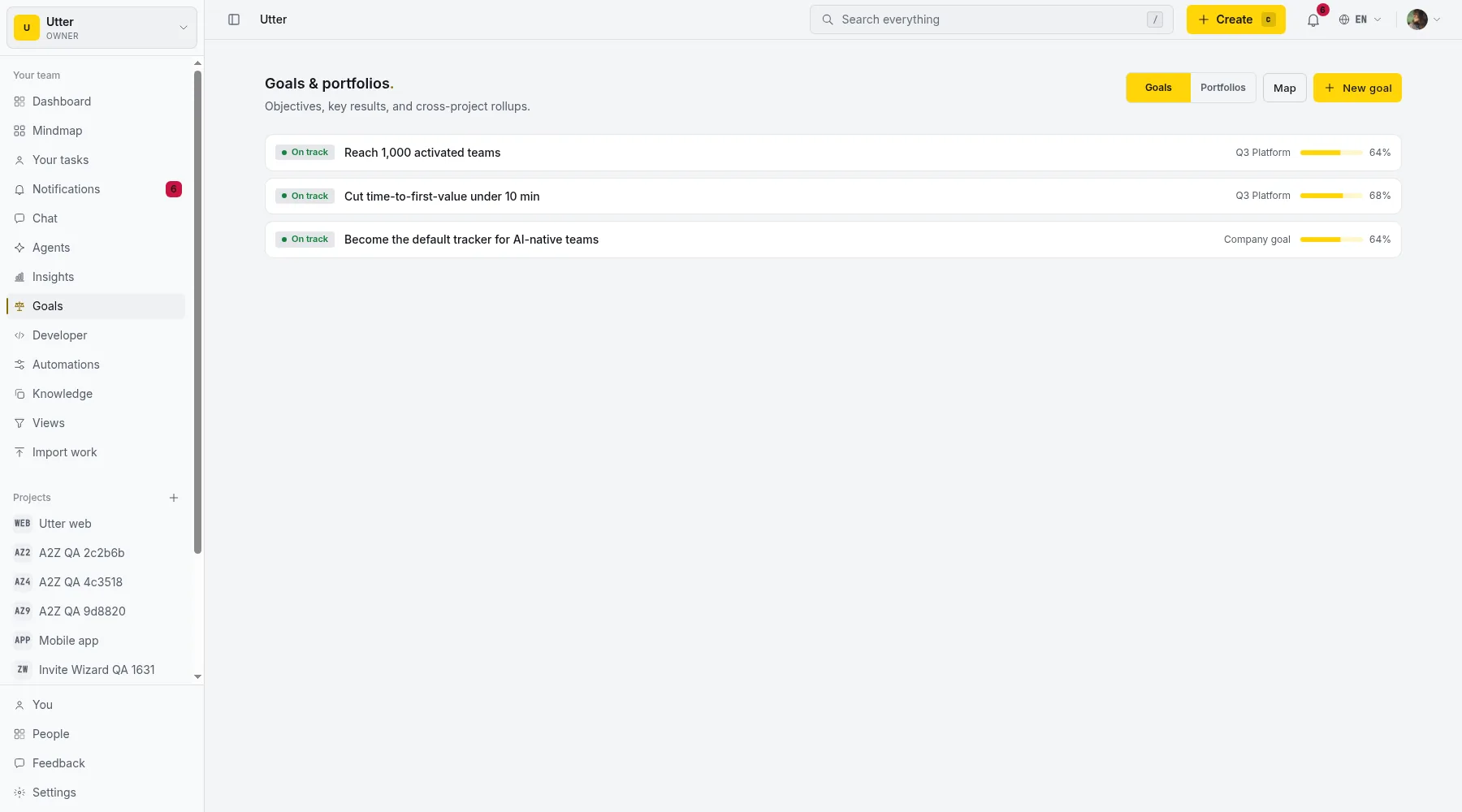 The Goals hub: objectives with live status and progress, grouped by portfolio or shown as company goals