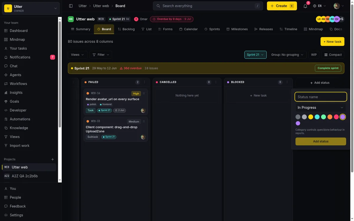 The Add status popover open on the board, with fields for the column name, its category (which drives open and done behavior in reports), and its color