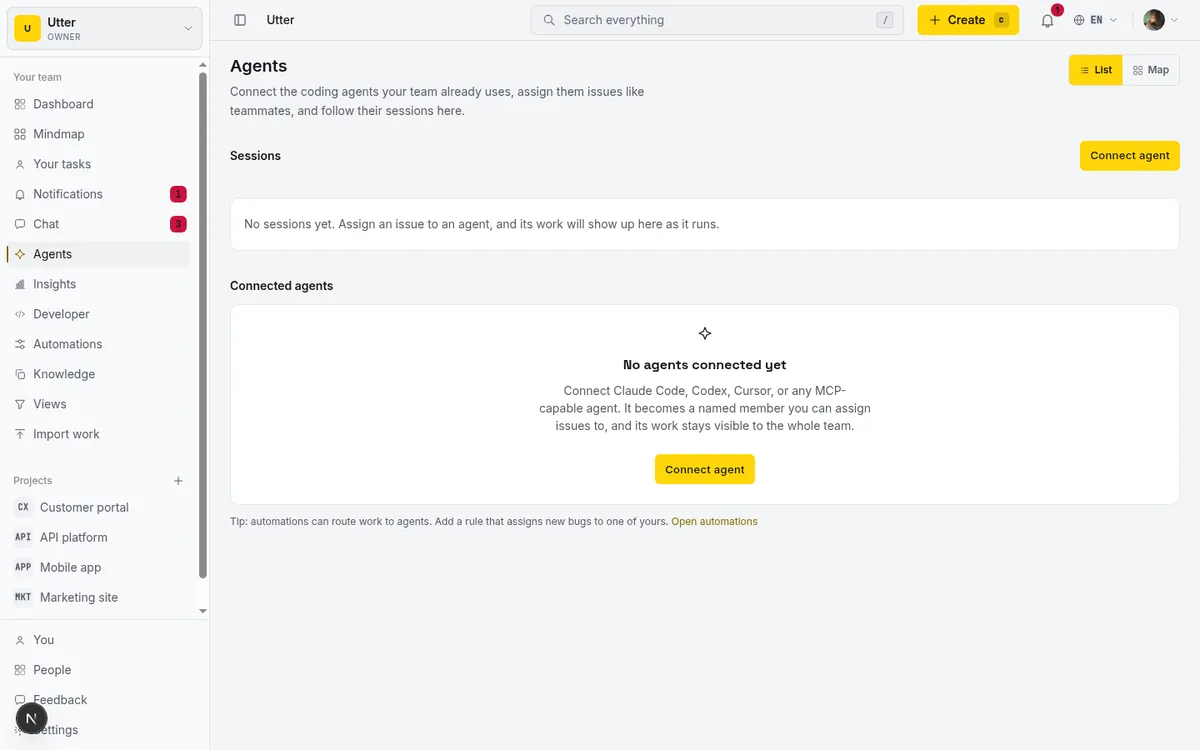 Agent hub in Utter showing a connected Claude Code agent as a workspace member