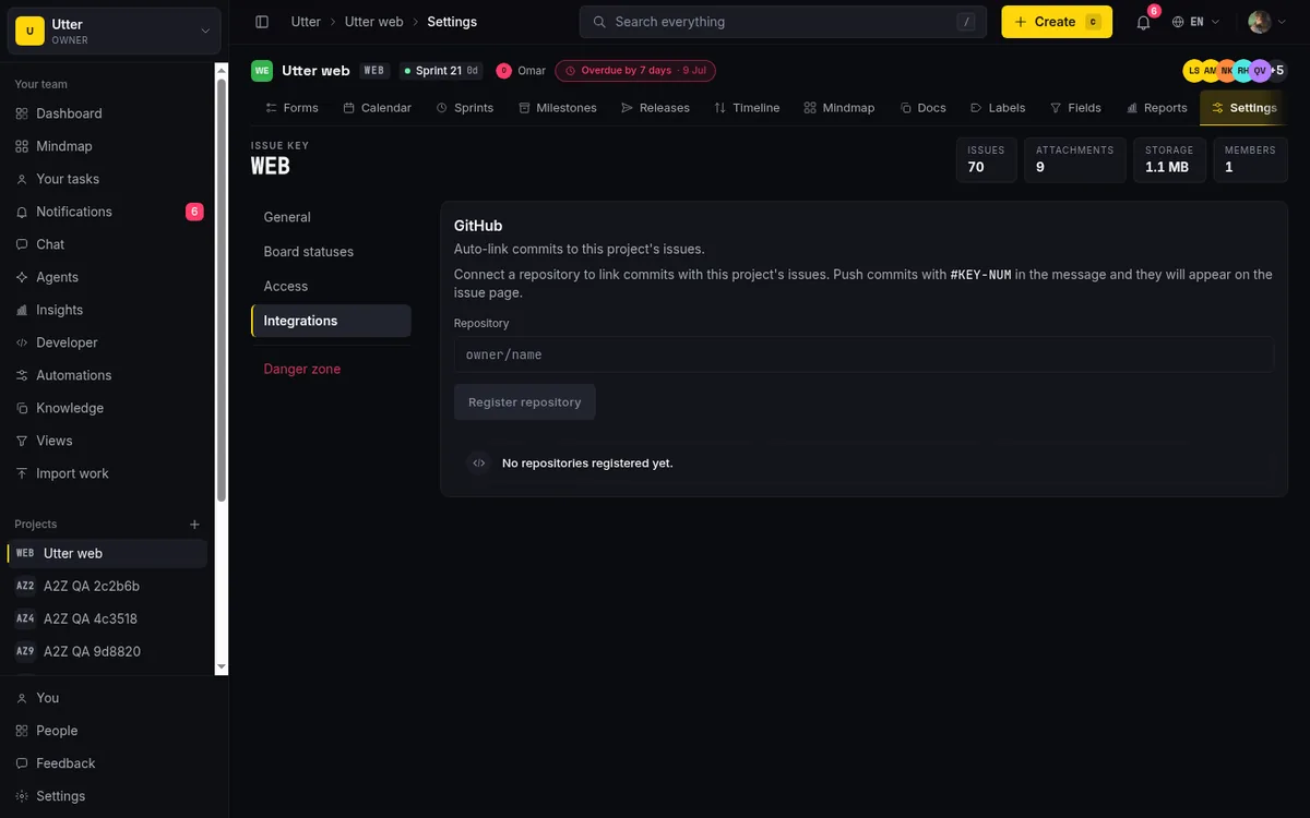 The Integrations tab in Project Settings showing the GitHub card headed 'Auto-link commits to this project's issues', the Repository field with an owner/name placeholder, and the Register repository button. This is where connecting GitHub to your project management tool begins.