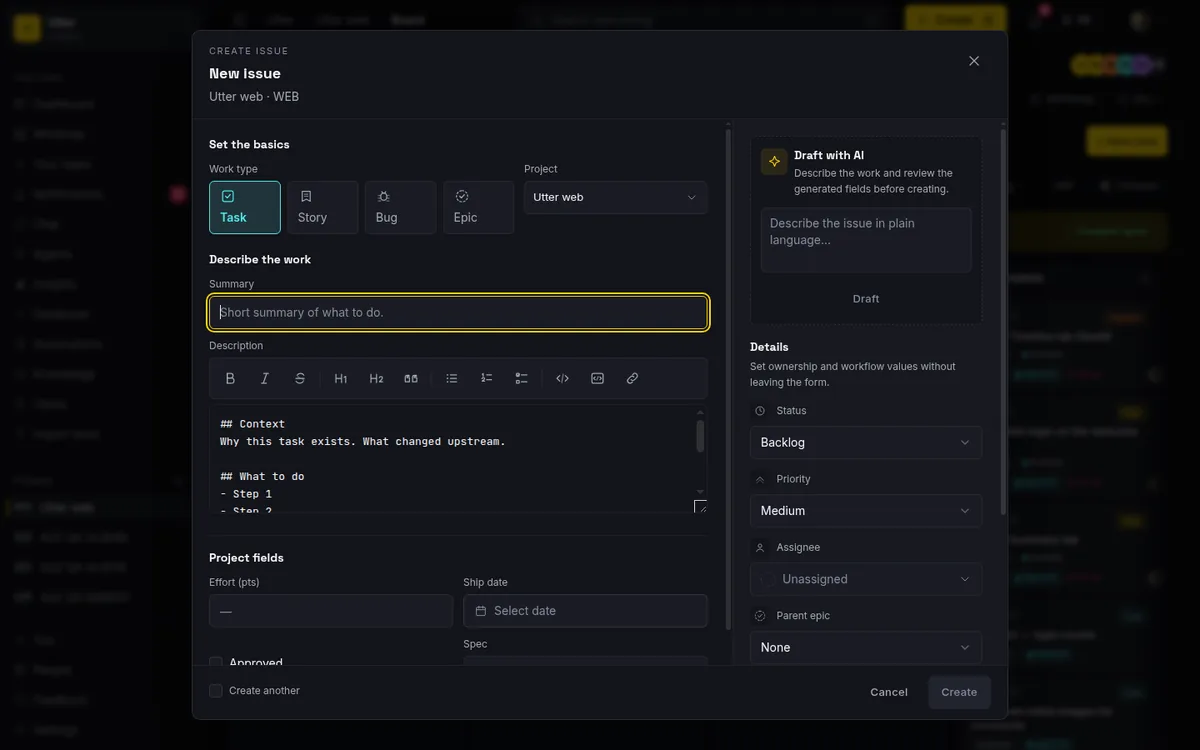 The New issue dialog: work type tiles, Summary and Description with the markdown toolbar, Draft with AI, and the Details panel for status, priority, assignee, and parent epic.