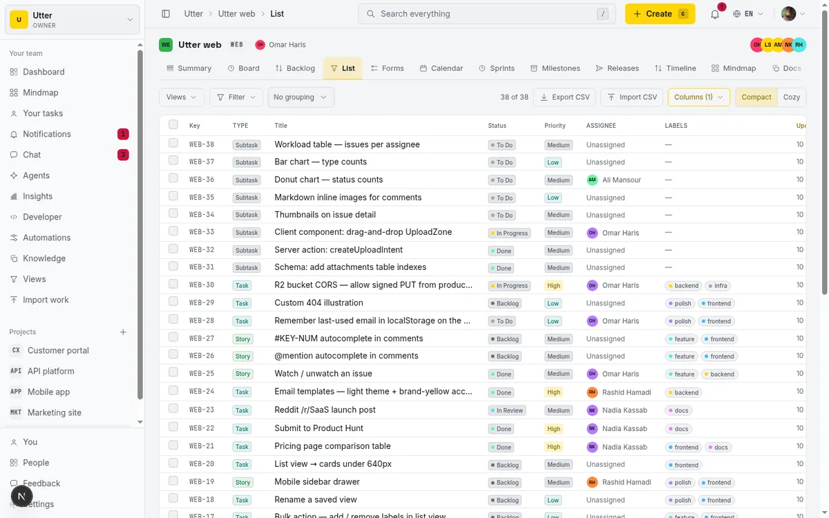 The List view of the WEB project with a Labels column showing each row's tags alongside status, priority, and assignee. Clicking a row's Labels cell opens the same picker without leaving the list.