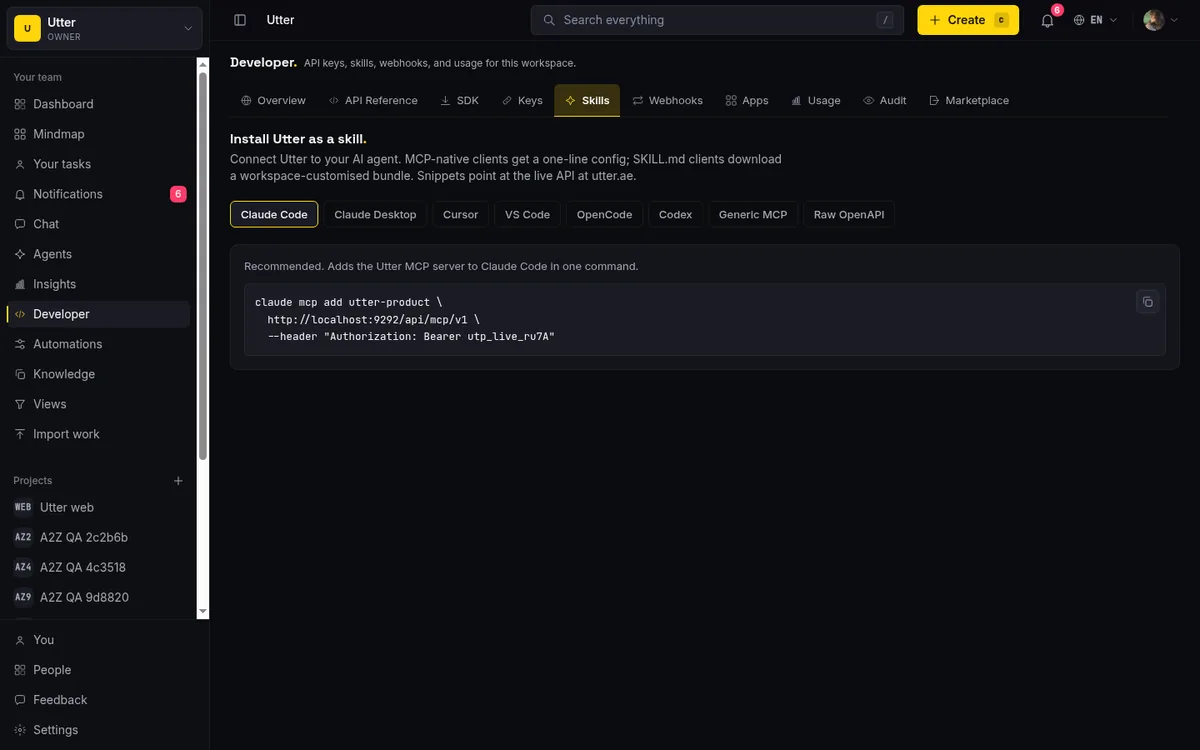 Utter Developer page Skills tab showing the Claude Code connect command and downloadable agent skill