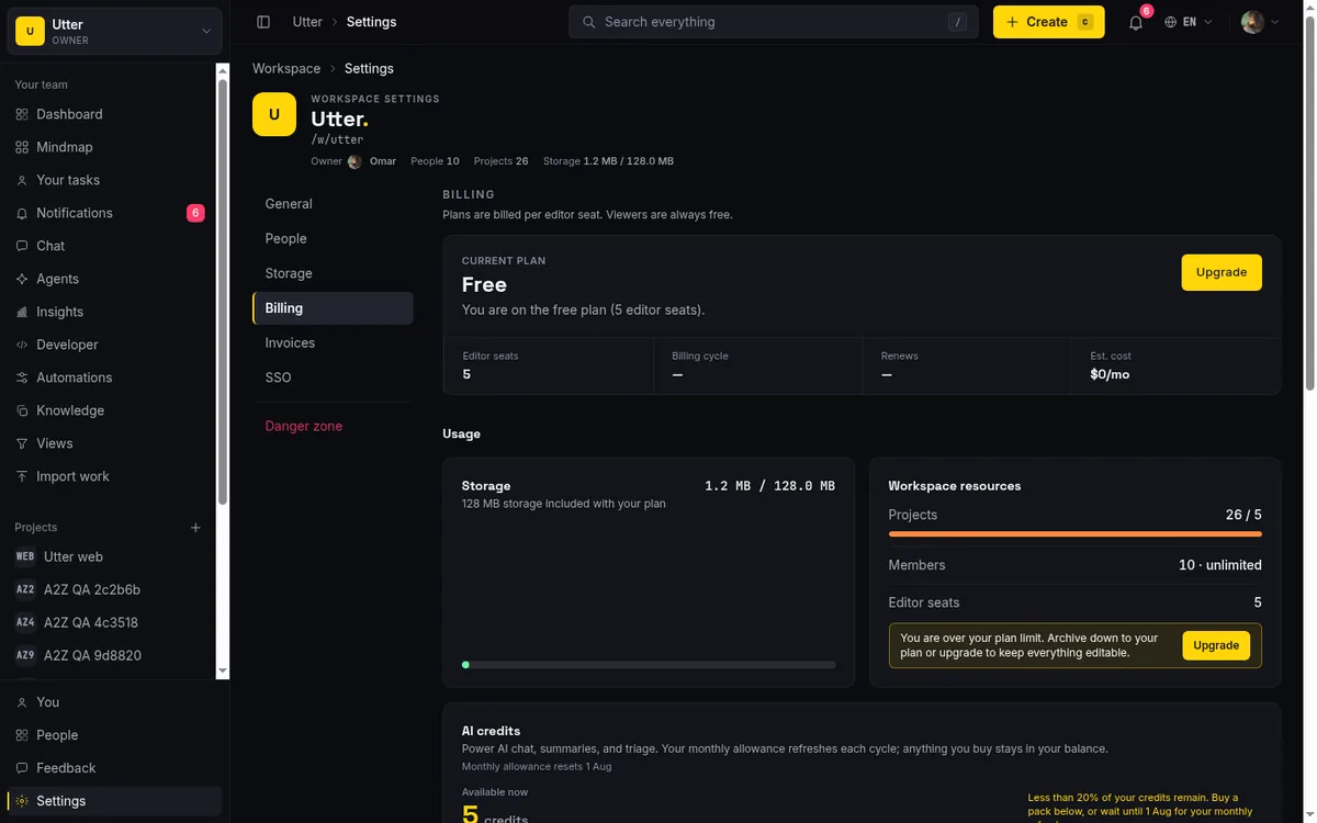 Utter billing page showing the current plan card, which is where the Pro trial and the eventual Free downgrade are visible.
