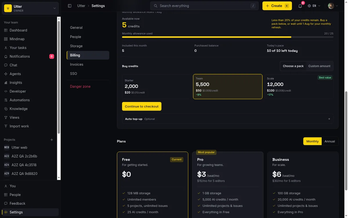 Utter AI credits card on the billing page showing the monthly grant and usage
