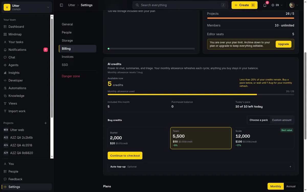 Utter's plan grid showing Free, Pro, and Business side by side