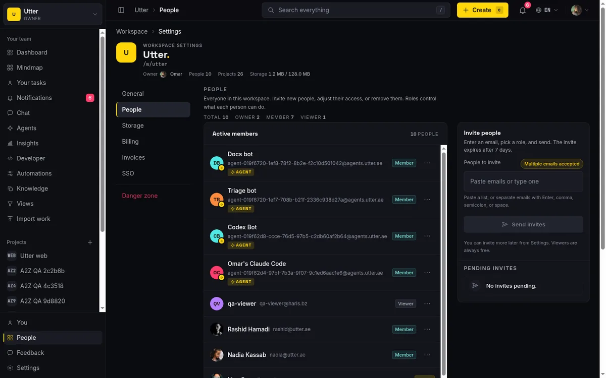 The members page in Utter showing each person's role, where viewers sit alongside builders without counting toward the bill