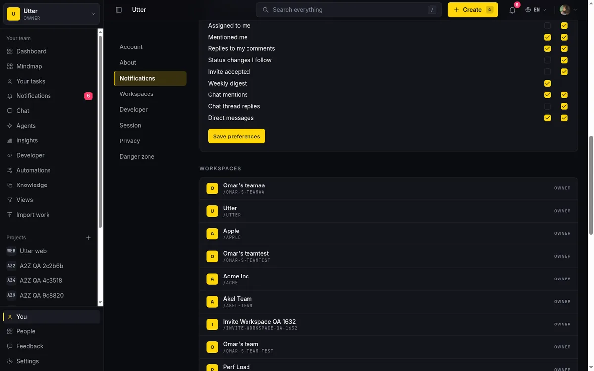 The notification preferences matrix on the profile page: event types down the rows (Assigned to me, Mentioned me, Replies to my comments, Status changes I follow, Invite accepted, Weekly digest, Chat mentions, Chat thread replies, Direct messages) with Email and In-app checkboxes per row and a Save preferences button.