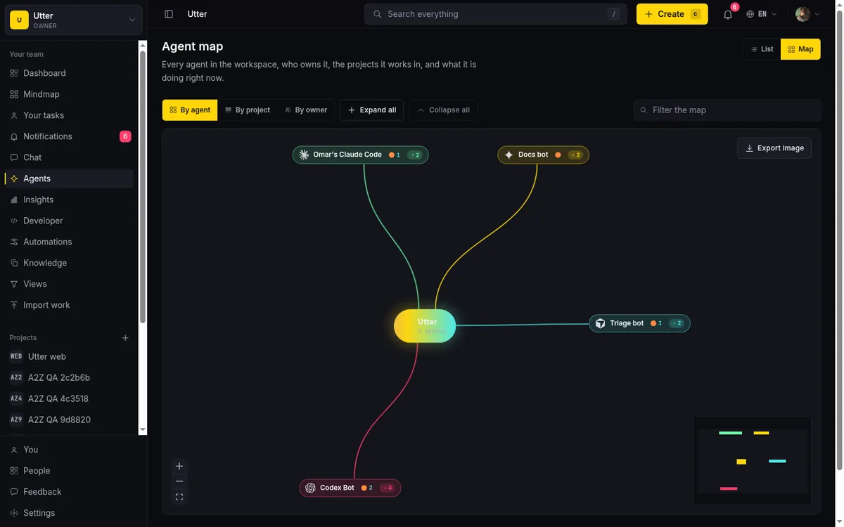 The Agents Map view: a live radial tree grouping connected agents by agent, with projects and live tasks hanging off each node.