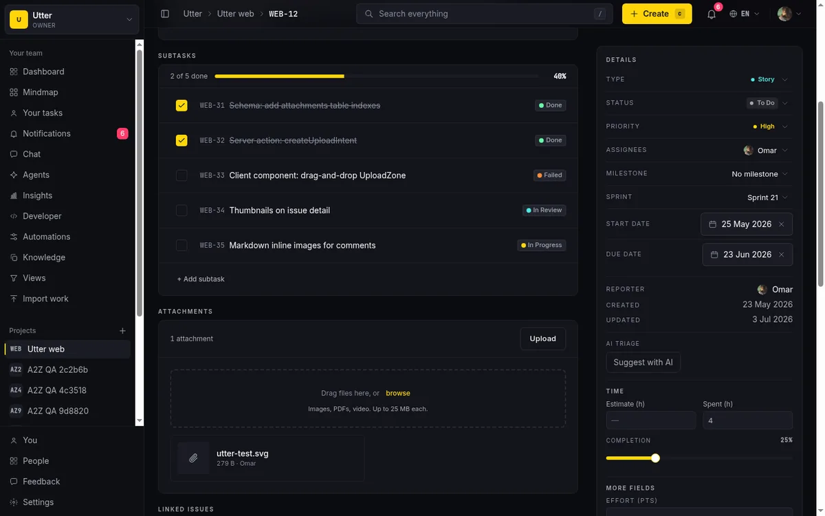 Story with subtasks showing the parent/child rollup an eng team needs