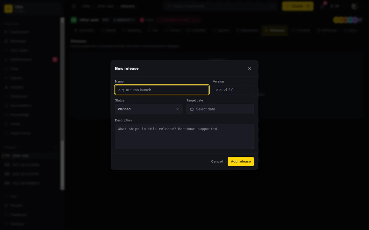 The new release modal in Utter, used to plan a release before shipping it
