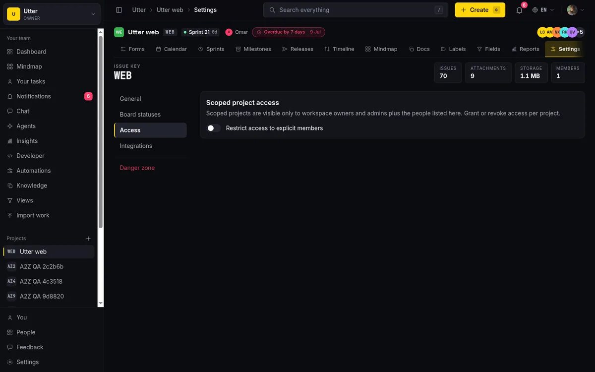 The WEB project's Settings > Access tab in its default open state, showing the Scoped project access card with the Restrict access to explicit members toggle switched off. This is where you start to lock a project down.