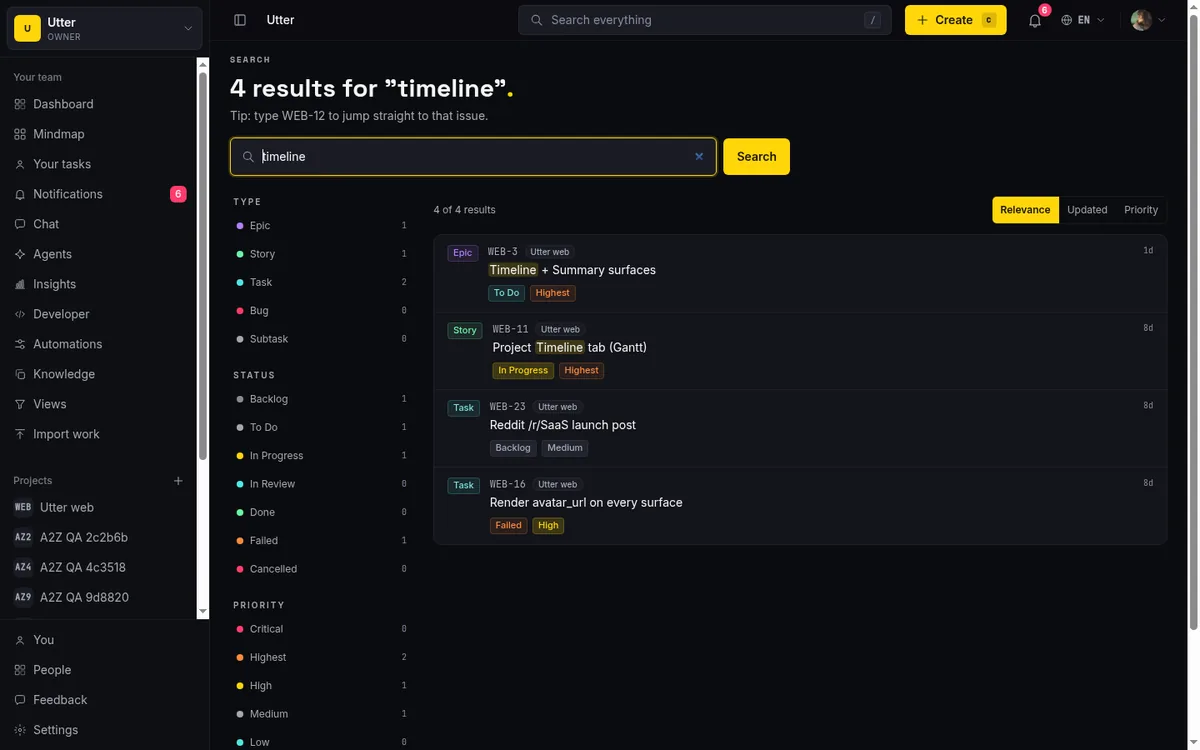 Workspace search results. Search only returns issues from projects the searcher can see, so a scoped project's tickets never surface for non-members.
