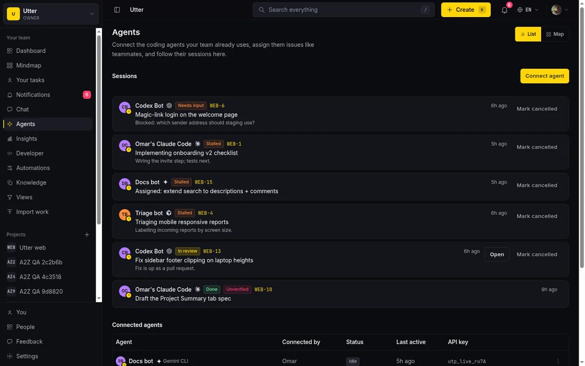 The Utter Agents hub showing the live sessions list above and the connected-agents directory table below, with Agent, Owner, Status, Last active, and Key columns. This is where you find an agent's row and open the three-dots menu to reach its Permissions.