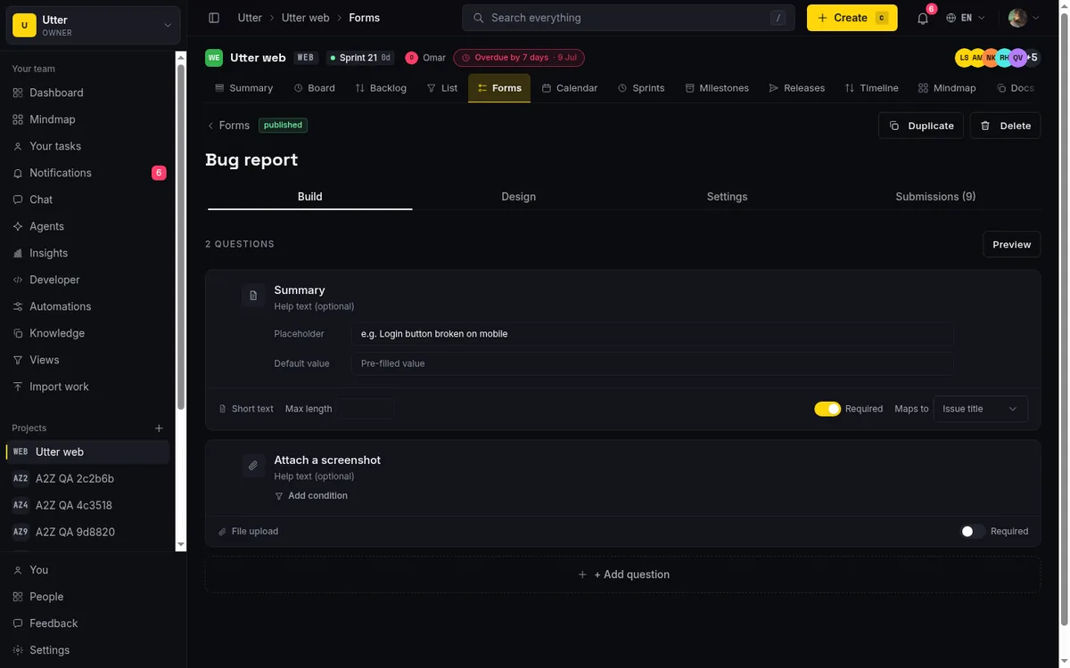 The Utter form builder Build tab, showing field types being assembled into a public intake form