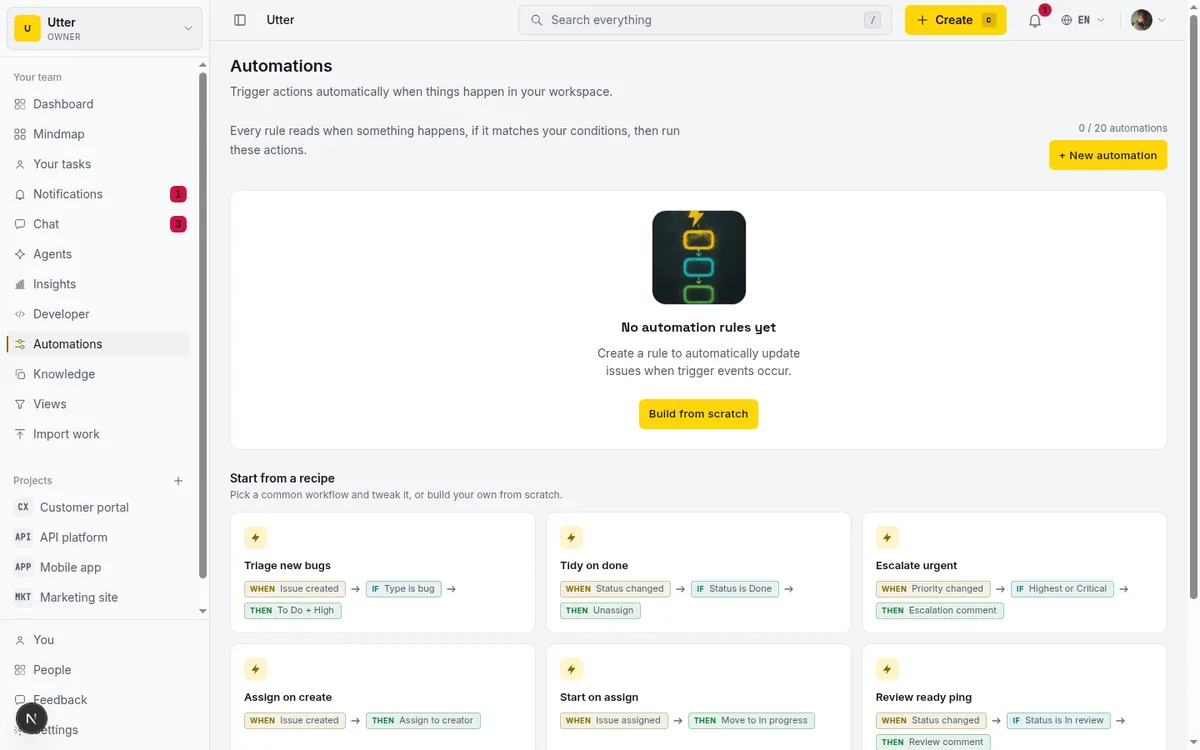 The automations list, where WHEN/IF/THEN rules route incoming requests