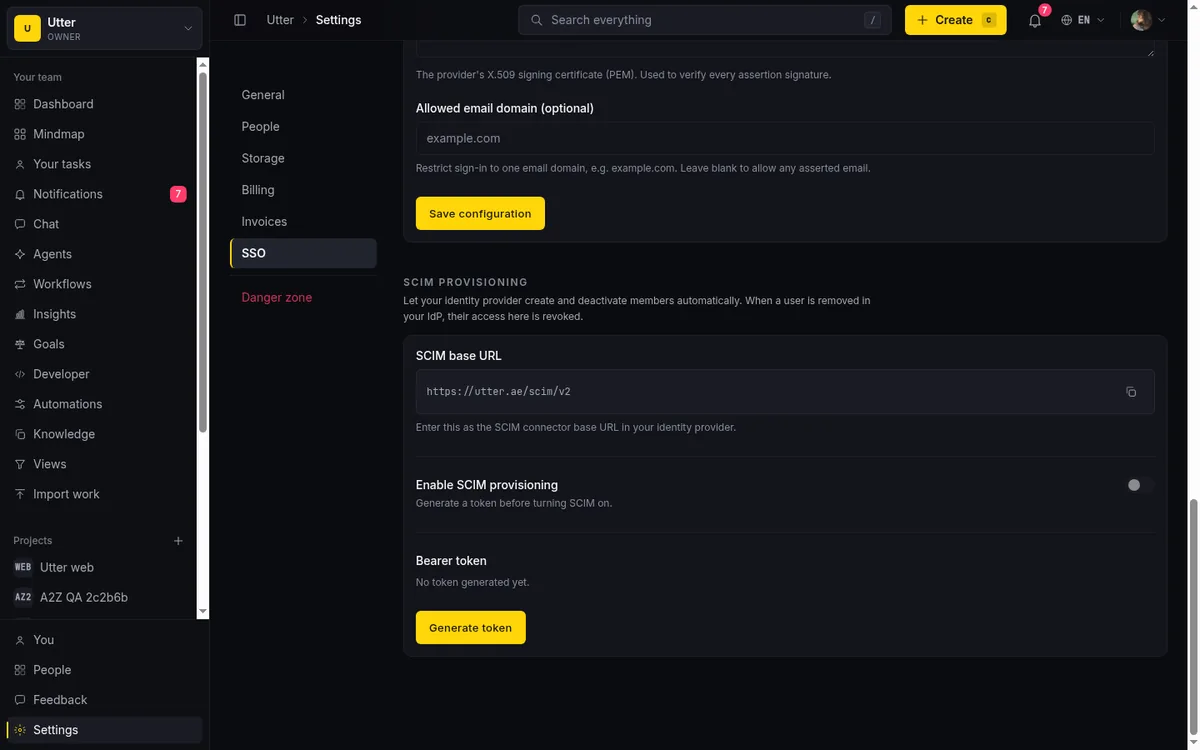 The SCIM provisioning section with the SCIM base URL and the Generate token control that issues the bearer token your identity provider uses