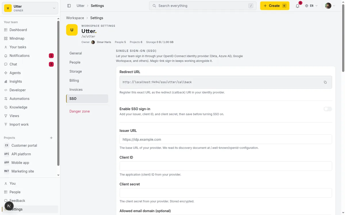 The Settings > SSO tab showing all three sections stacked (Single sign-on, SAML single sign-on, SCIM provisioning), proving all enterprise auth lives in one owner/admin-only place.