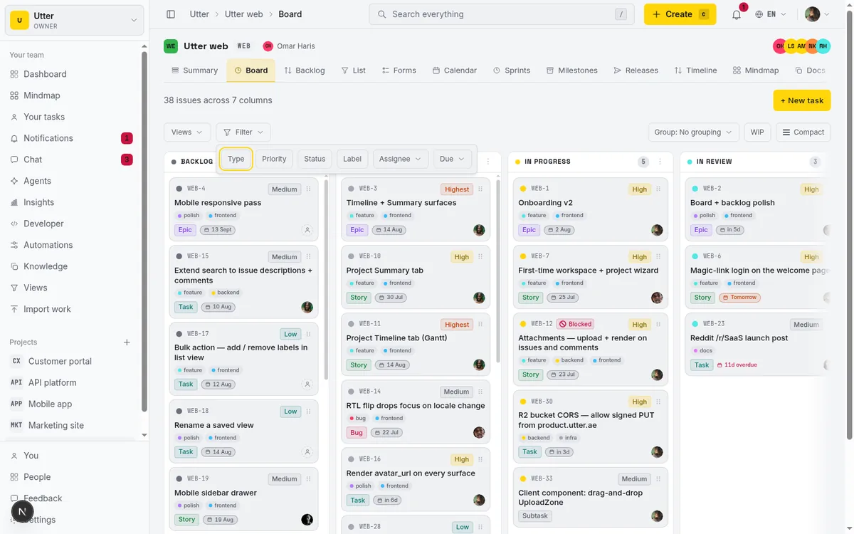 The WEB board with the Filter menu open, showing the Type, Priority, Status, Label, Assignee, and Due facets above columns of cards that carry their label chips.