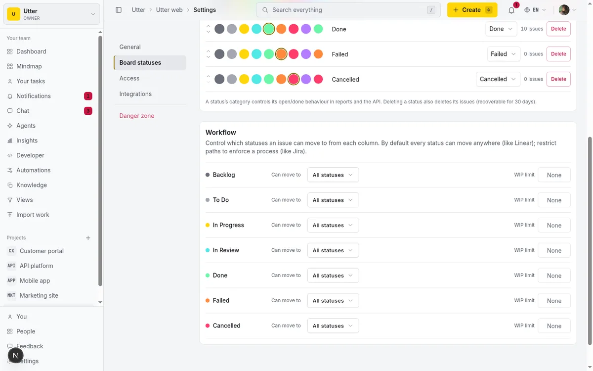 The Board statuses tab in project settings with the Workflow card visible: each status row has a Can move to picker (default All statuses) and a numeric WIP limit field (default None). This is where per-status transition rules are configured.