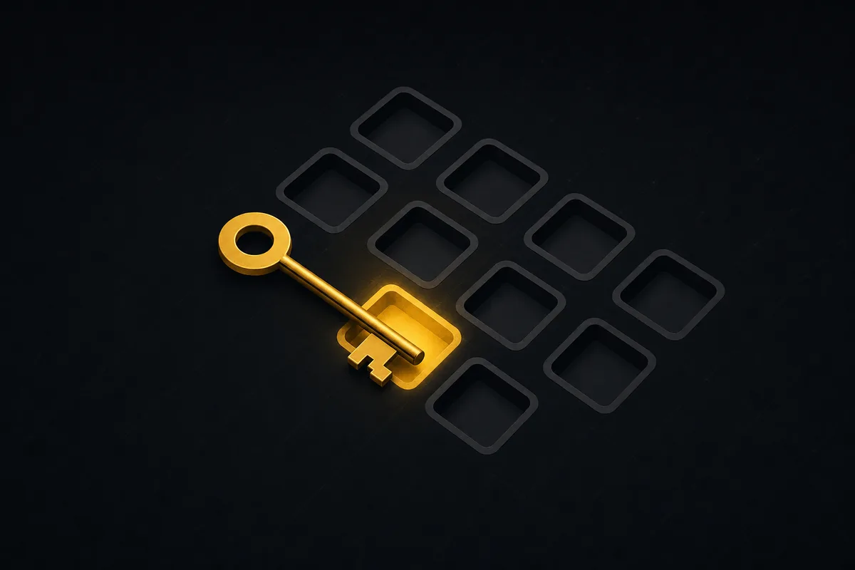 A single gold key over a grid of dark slots, one slot lit, the rest waiting: the one-time key and the finite agent slots.