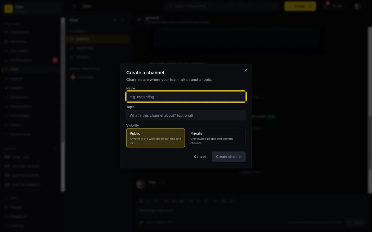 How to use team chat - create channel