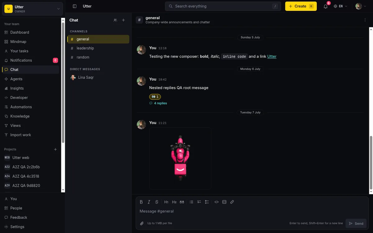 The Utter chat page after auto-redirecting to #general, showing the two-pane layout: the left rail with Channels and Direct messages sections plus the active-channel yellow bar, and the message pane with the Utter welcome message and composer. Shows where chat lives and how it sits next to the board.
