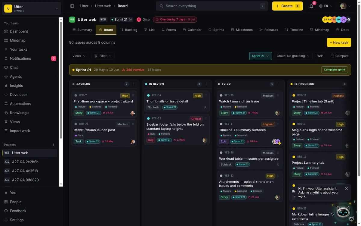 The WEB board with the floating robot-cat 'Ask AI' launcher and its dismissible tooltip in the bottom-right corner, showing where the assistant lives and how you open it from any workspace page.