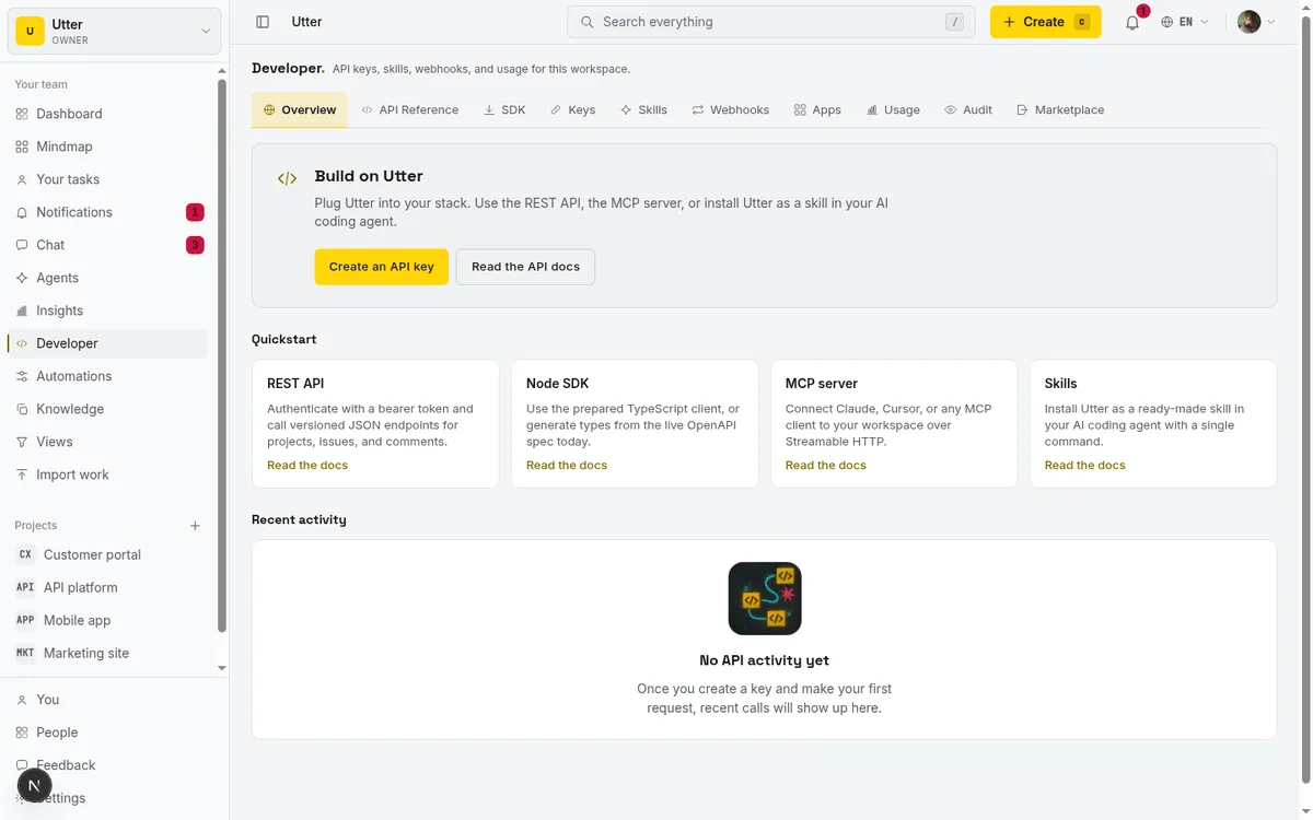 The Developer console Overview tab with the 'Build on Utter' hero, 'Create an API key' button, and quickstart cards for the REST API, Node SDK, MCP server, and Skills. This is where the key for reading linked commits comes from.
