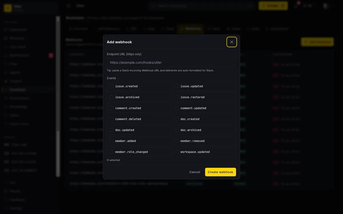 The Add webhook modal: the https-only Endpoint URL field, the Slack auto-format tip, and the grid of 14 event-type checkboxes.