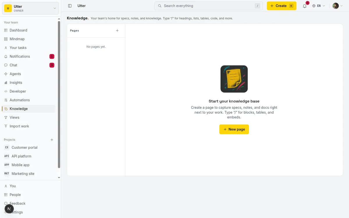 The workspace knowledge base with nested doc pages in Utter