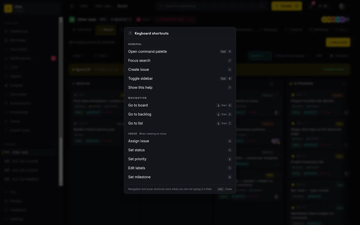 The keyboard shortcuts overlay in Utter, which lists c as the shortcut that opens the New issue dialog from anywhere in a workspace.