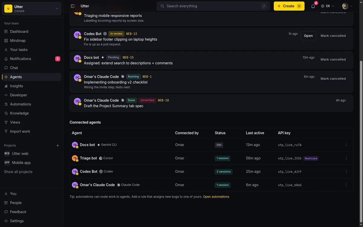 The Utter agent hub roster showing agents as named workspace members with their own profiles