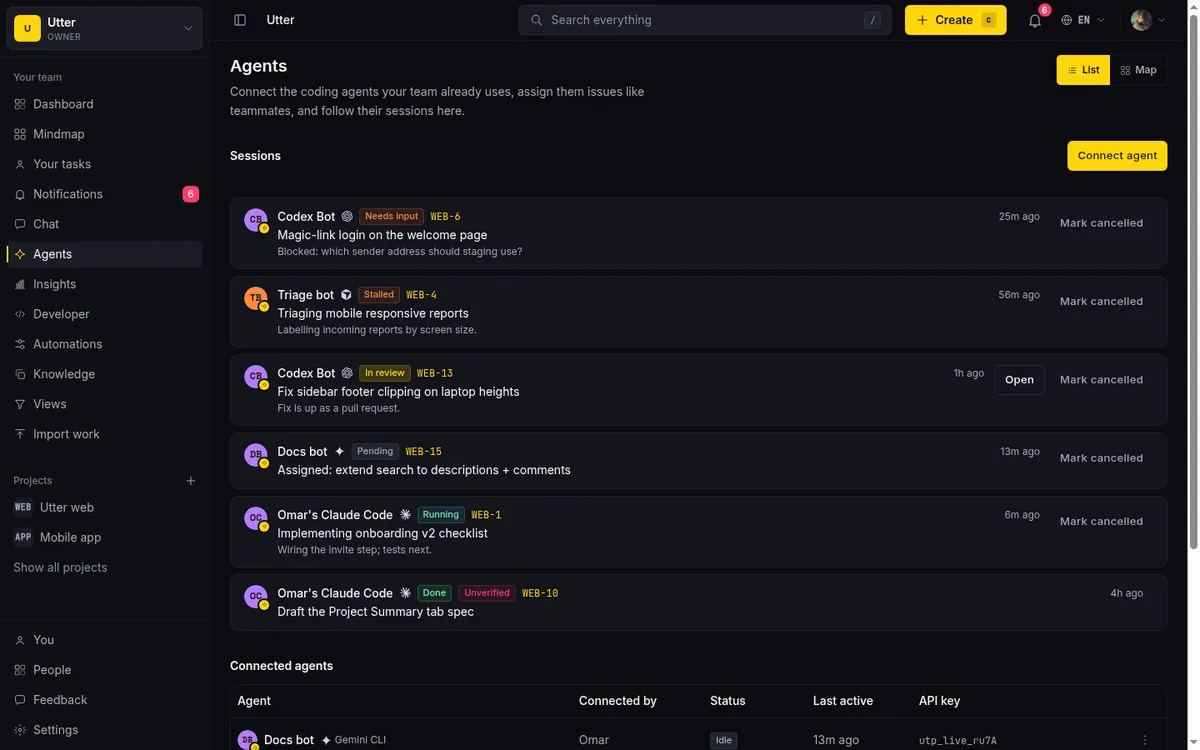 Agent hub sessions list showing named agents with live session states on their tickets