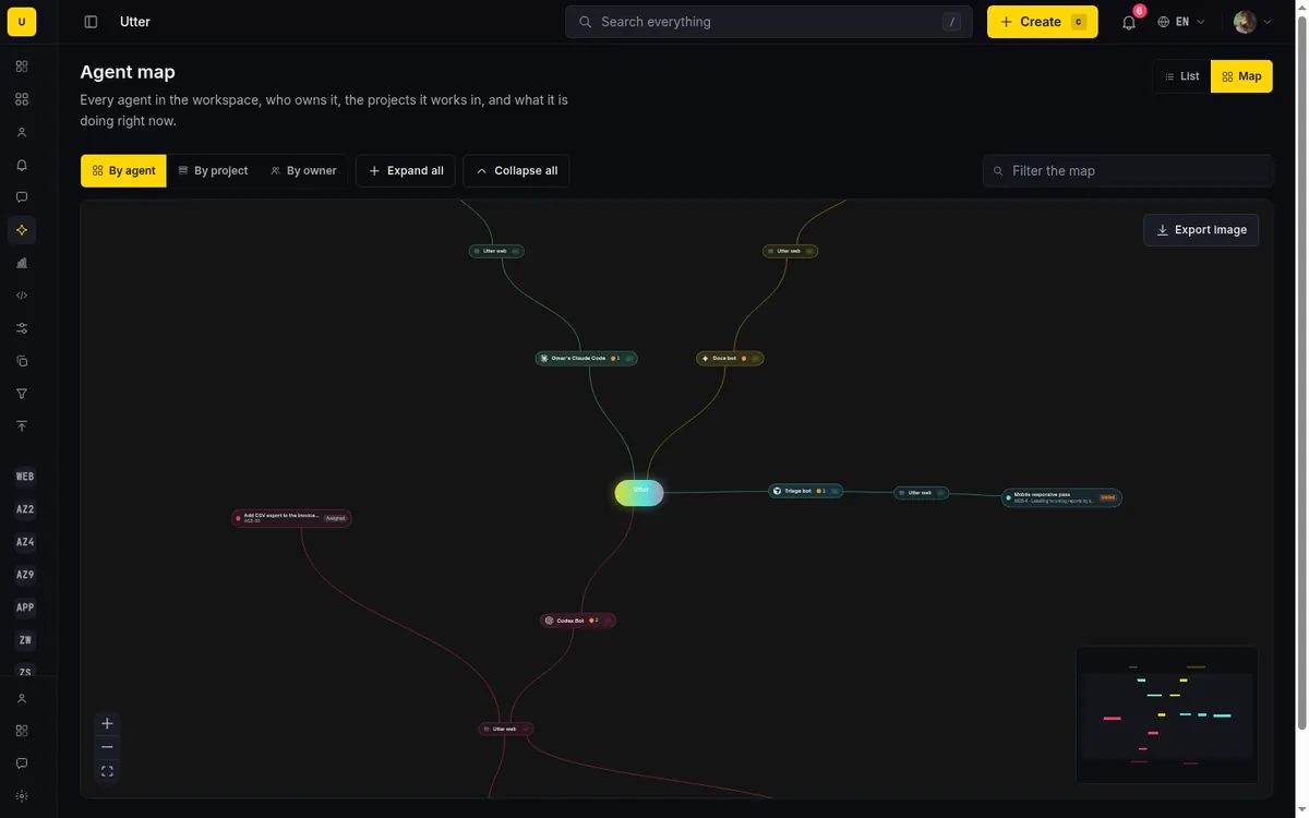 An expanded Agent Map branch: session nodes with issue keys and live notes under each agent, cyan running counts, a Stalled pill on a quiet session, and a dimmed Assigned node for a queued issue with no session yet.