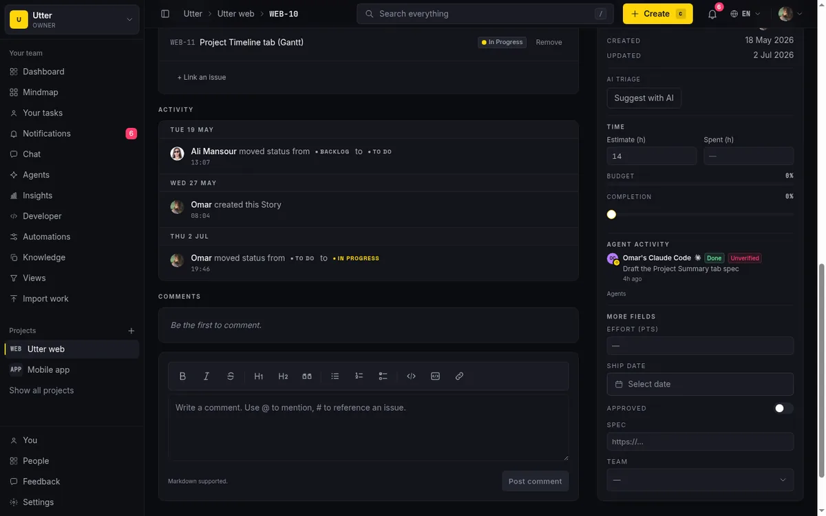 Unverified badge on an agent session with no attributed work on its issue