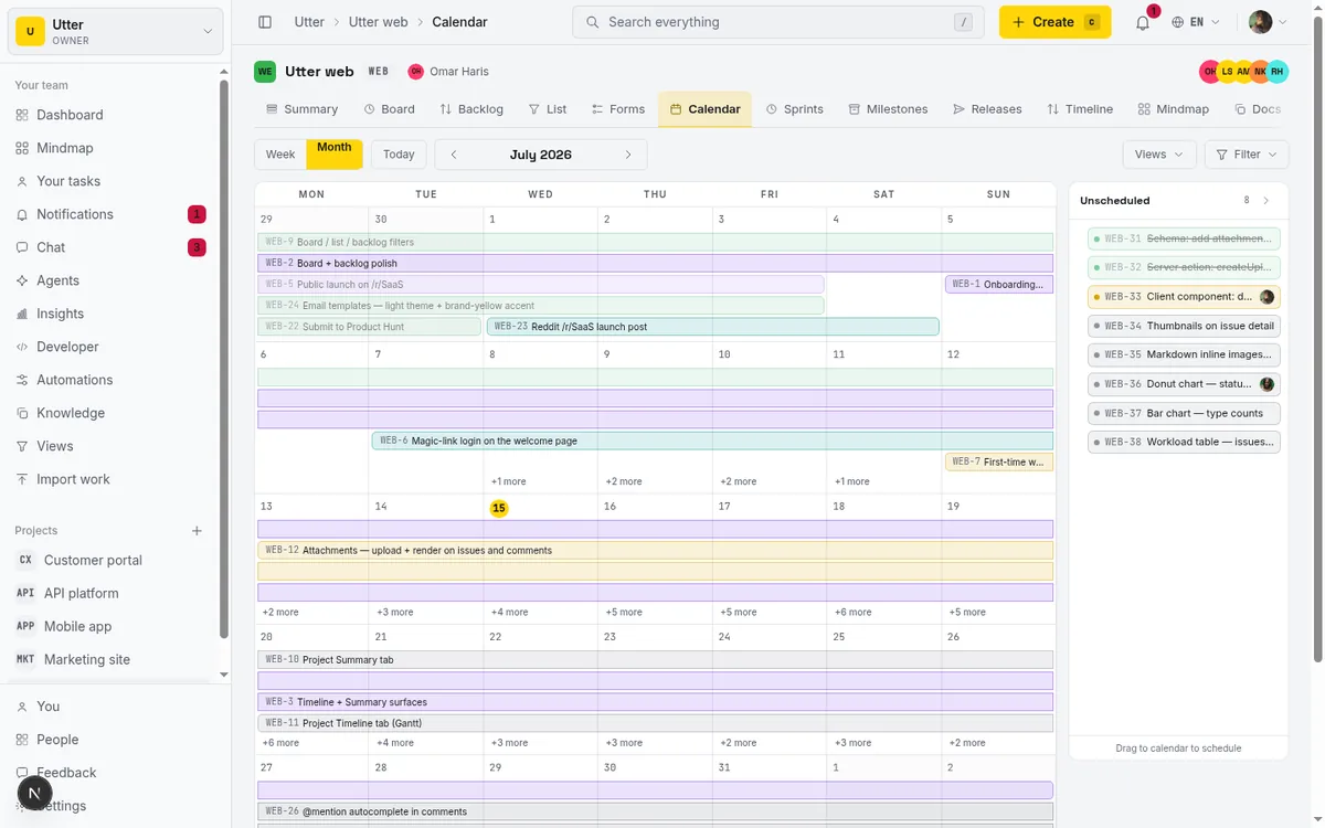 Utter's month calendar view for the WEB project: weekday header Mon to Sun, day cells holding dated issues as single-day chips and multi-day span bars, today marked with a gold pill, the Week/Month toggle and Today button up top, and the Unscheduled rail on the right. Shows that issues are plotted by their due dates.