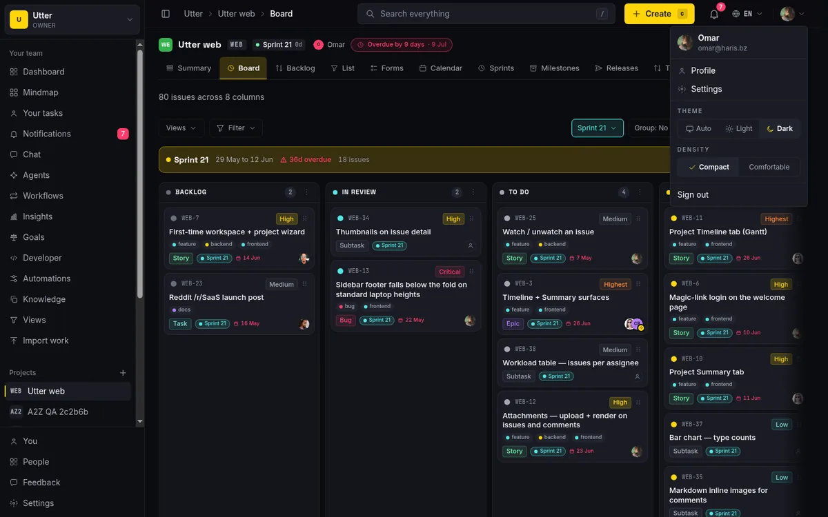 The account menu open on the Theme control, with Auto, Light, and Dark options