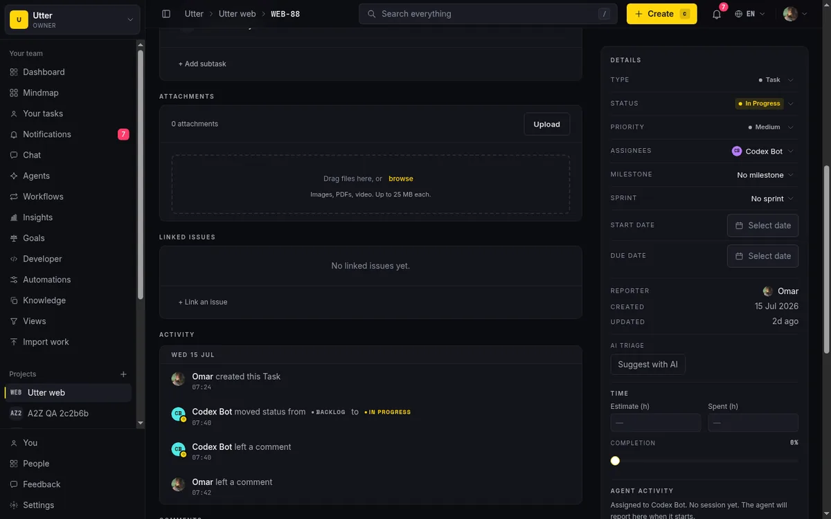 A WEB issue where the Codex Bot agent moved the status to In Progress and left a comment, every change attributed to the agent in the activity log