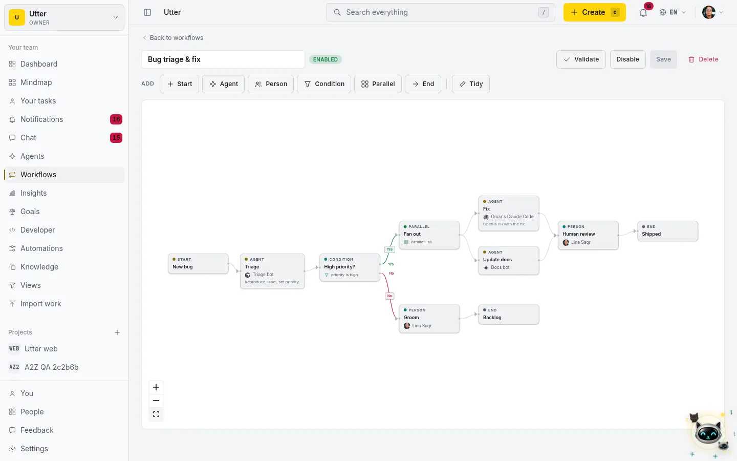 The Utter workflow builder: a bug-triage pipeline with agent and person stages, a parallel fan-out, and a Yes/No condition branch