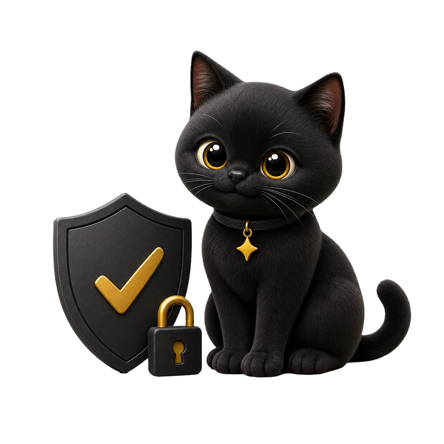 Utter's black cat mascot sitting beside a privacy shield and lock