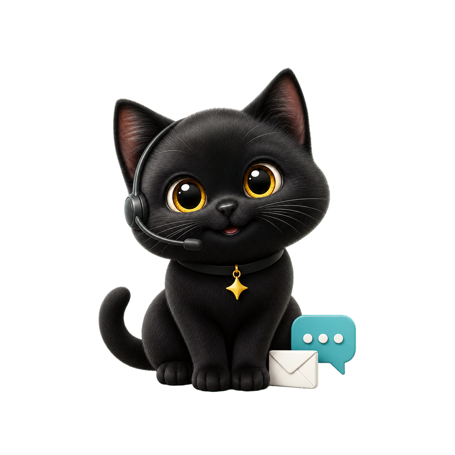 Utter's black cat mascot wearing a support headset beside chat and email icons
