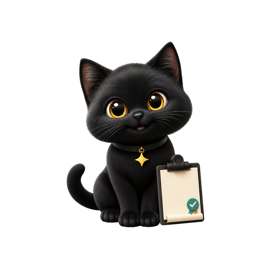 Utter's black cat mascot holding a checked terms document